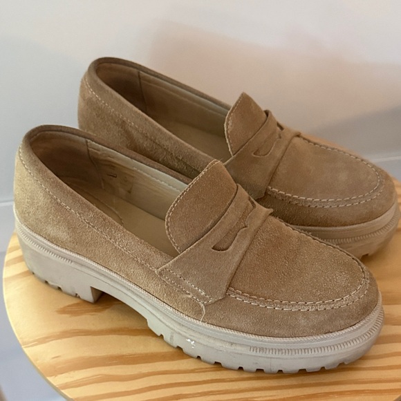 Portland Leather Tan Suede Platform Penny Loafers - Picture 5 of 8